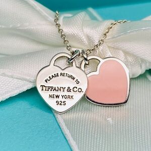 Tiffany & Co Return to Tiffany double pink enamel heart necklace 925 silver box